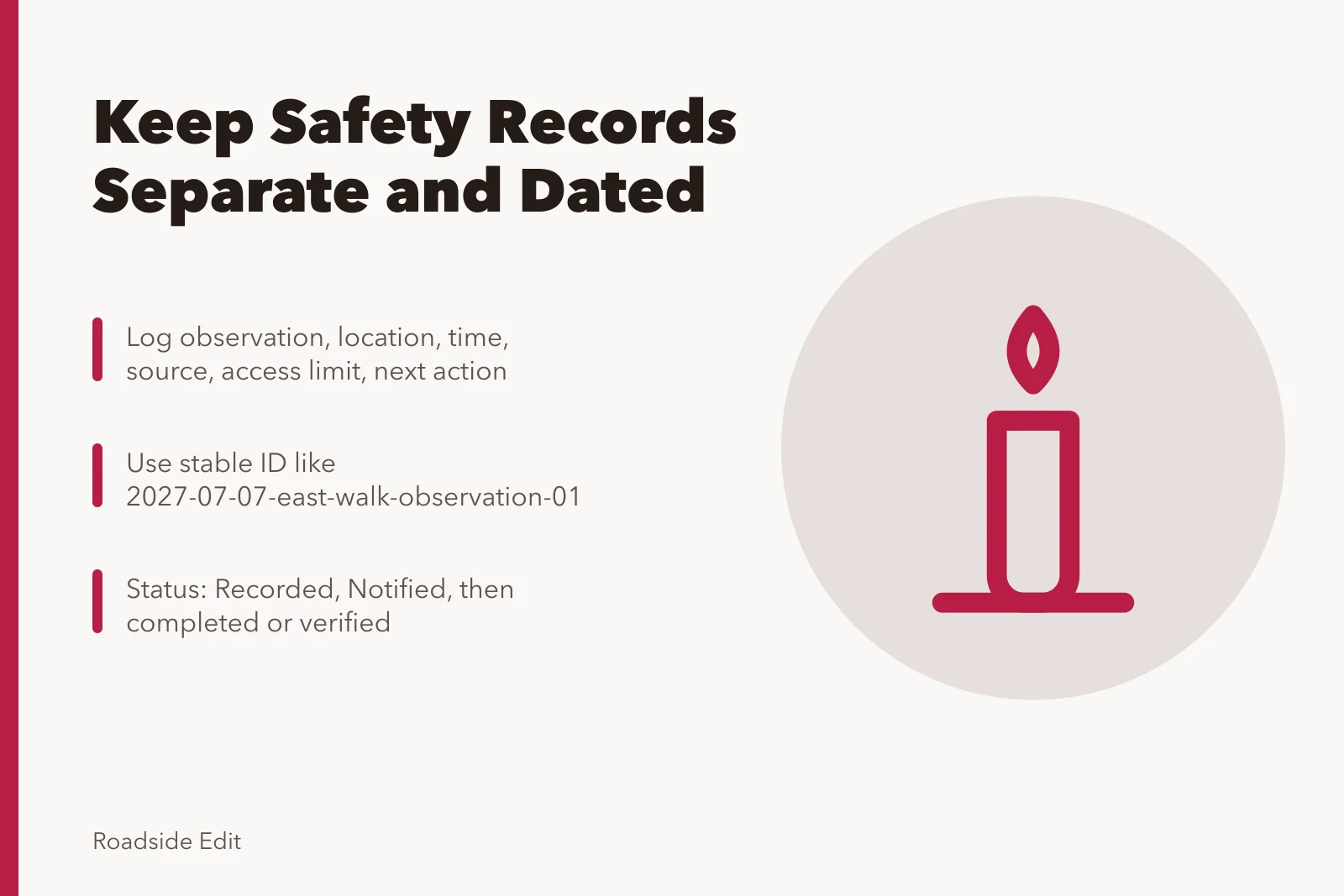 Card on separating motel exterior safety observations, notices and fixes. Motel exterior safety records: how to keep observations, notices and fixes separate