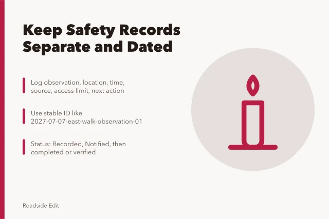 Card on separating motel exterior safety observations, notices and fixes. Motel exterior safety records: how to keep observations, notices and fixes separate