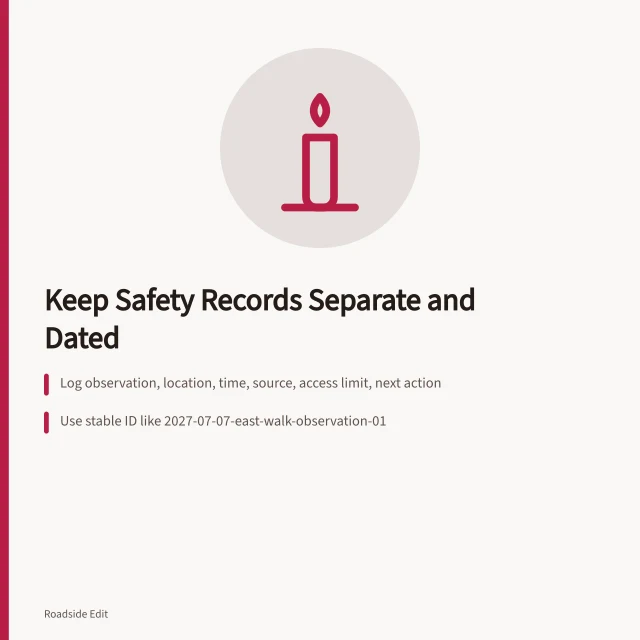 Card on separating motel exterior safety observations, notices and fixes. Motel exterior safety records: how to keep observations, notices and fixes separate