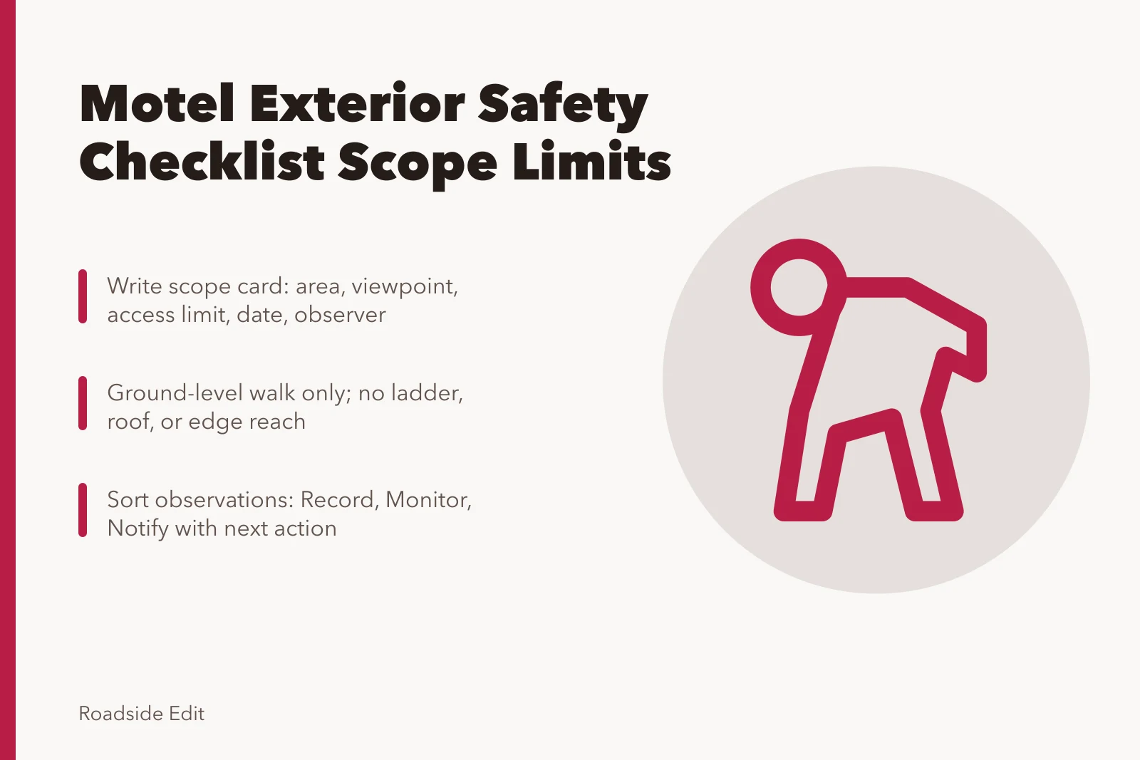 Motel exterior safety checklist scope card and ground-level walk. How to build a motel exterior safety checklist that stops at what staff can see