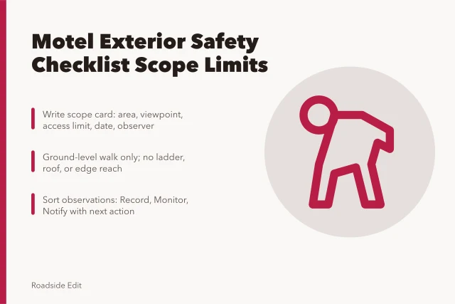 Motel exterior safety checklist scope card and ground-level walk. How to build a motel exterior safety checklist that stops at what staff can see