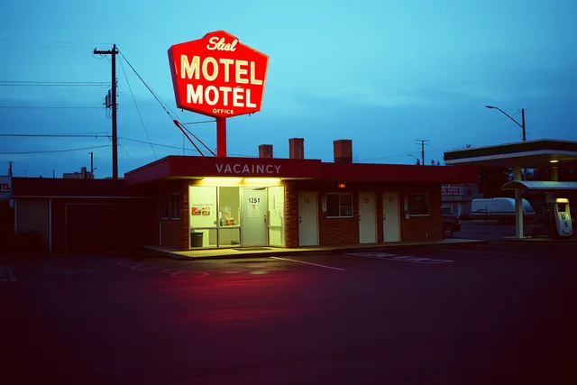 Motel exterior at dusk with glowing neon sign and wet parking lot. Motel exterior safety checklist: how to document warning signs in 2027