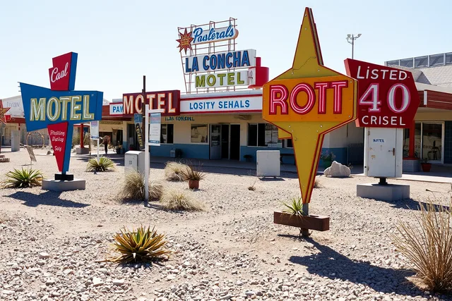 Historic neon signs on steel frames in the Neon Boneyard, Las Vegas. How The Neon Museum and Las Vegas sign shops restore historic signs