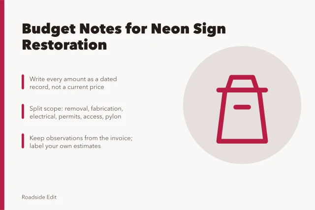 Card on writing dated, scoped neon sign restoration budget notes. How to write neon sign restoration case study budget notes without guesswork