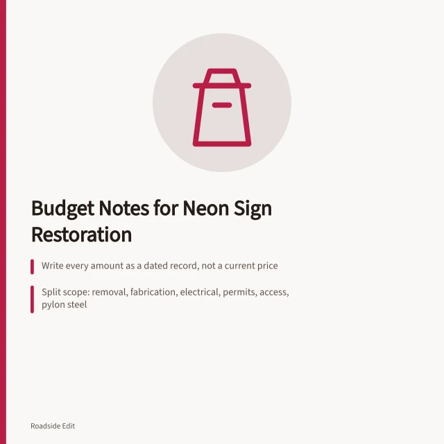 Card on writing dated, scoped neon sign restoration budget notes. How to write neon sign restoration case study budget notes without guesswork