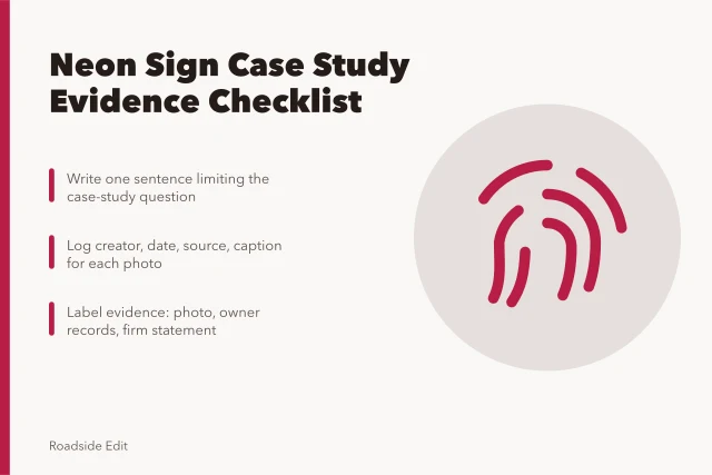 Checklist card for scoping neon sign restoration case study evidence and claims. Neon sign restoration case study checklist: how to scope evidence and claims for 2027