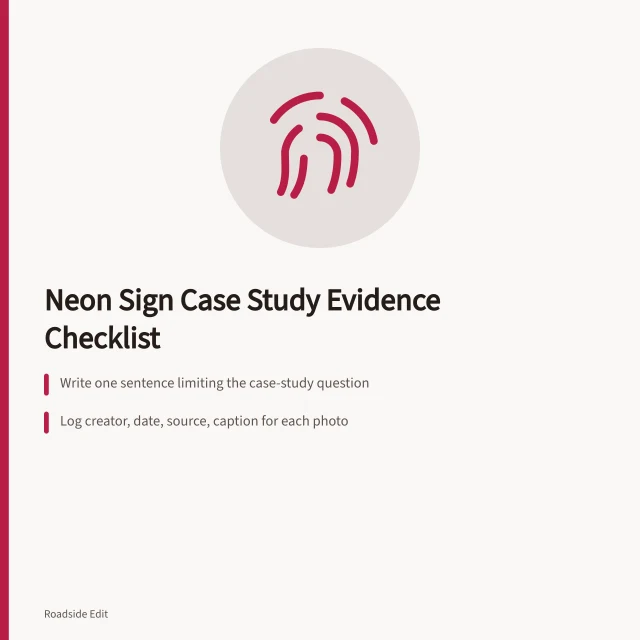 Checklist card for scoping neon sign restoration case study evidence and claims. Neon sign restoration case study checklist: how to scope evidence and claims for 2027