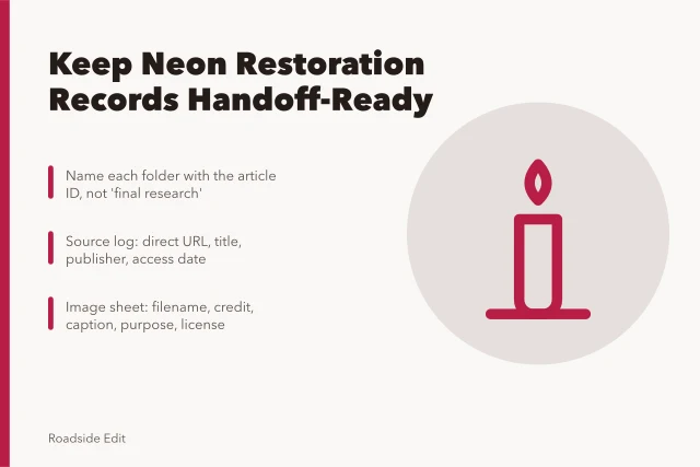 Card on keeping neon sign restoration case study records and source logs. How to keep neon sign restoration case study records without losing the paper trail
