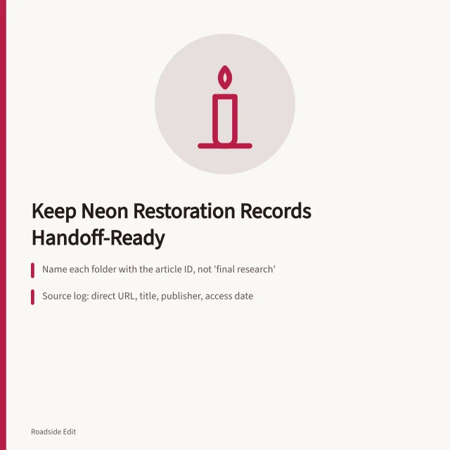 Card on keeping neon sign restoration case study records and source logs. How to keep neon sign restoration case study records without losing the paper trail