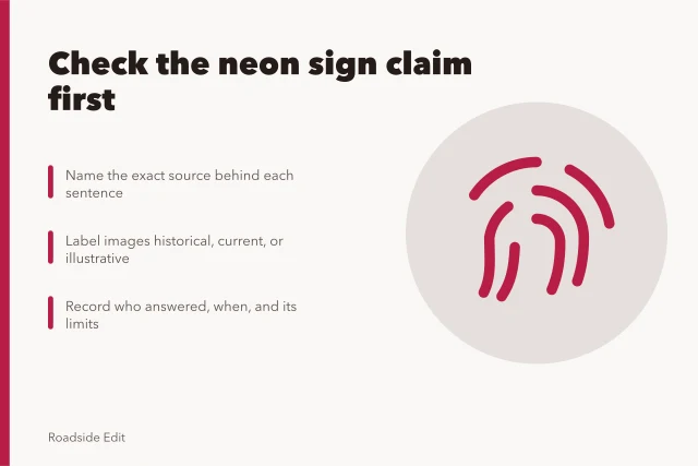 Neon sign claim review checklist with source, date, and image labels. Neon sign restoration questions: check the claim before you file it