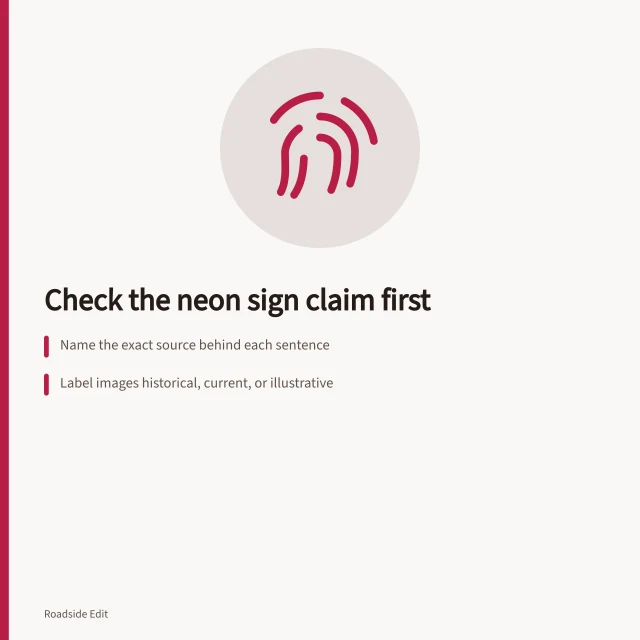 Neon sign claim review checklist with source, date, and image labels. Neon sign restoration questions: check the claim before you file it