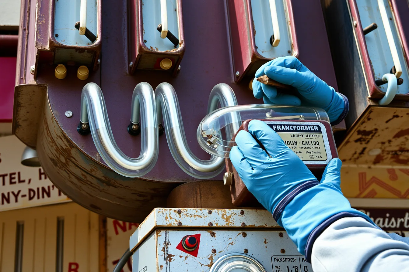 Close-up of a vintage neon sign tube and transformer being restored. Neon sign restoration: budget notes that help owners avoid costly mistakes