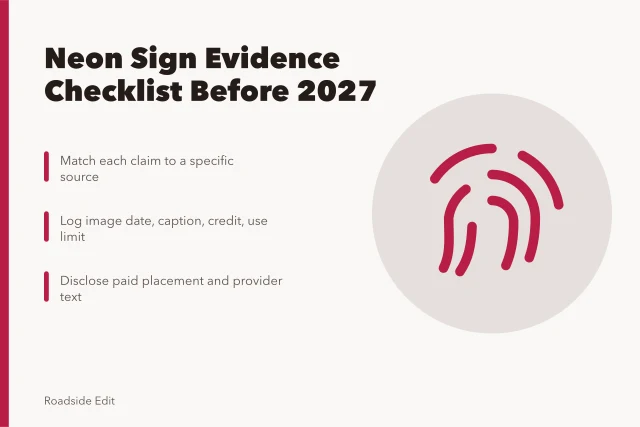 Checklist card for verifying neon sign claims, images, and disclosures. Neon sign restoration: a mistake prevention checklist before your 2027 story runs