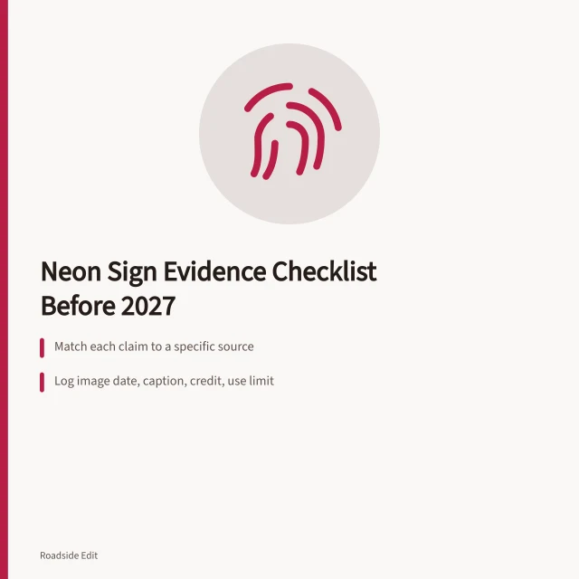 Checklist card for verifying neon sign claims, images, and disclosures. Neon sign restoration: a mistake prevention checklist before your 2027 story runs