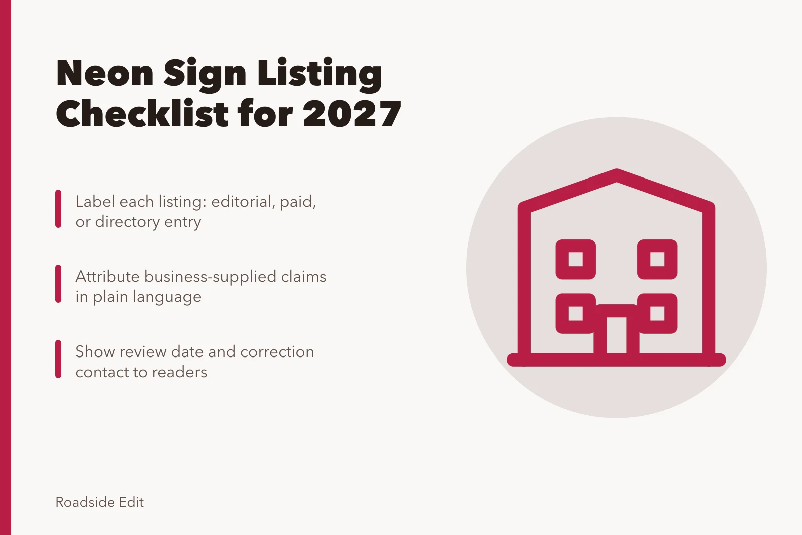 Checklist card for neon sign provider listings and disclosure labels. How to build a neon sign restoration provider listing checklist for 2027