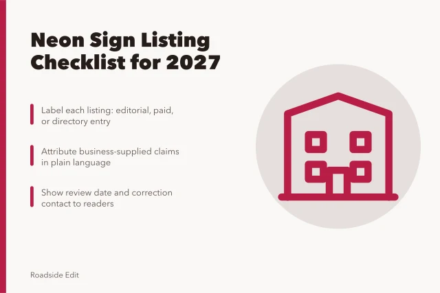 Checklist card for neon sign provider listings and disclosure labels. How to build a neon sign restoration provider listing checklist for 2027