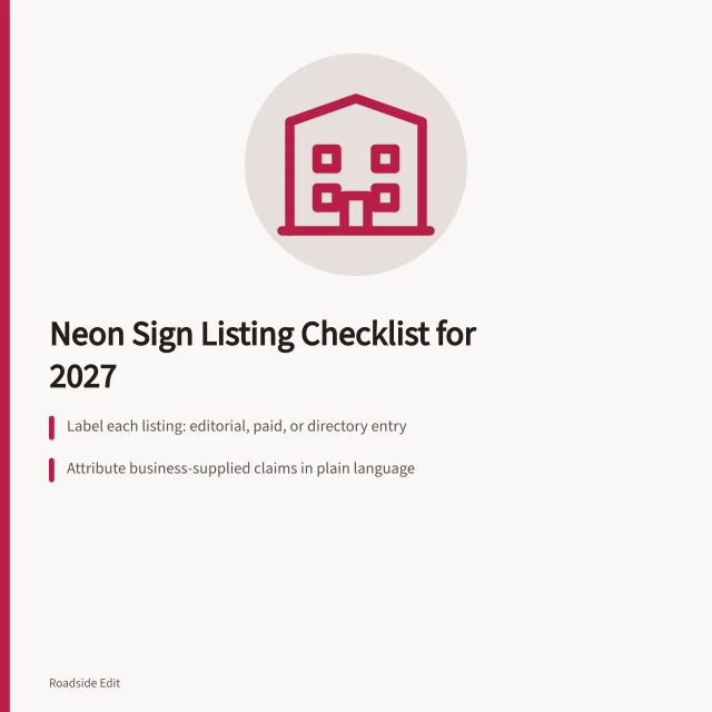 Checklist card for neon sign provider listings and disclosure labels. How to build a neon sign restoration provider listing checklist for 2027