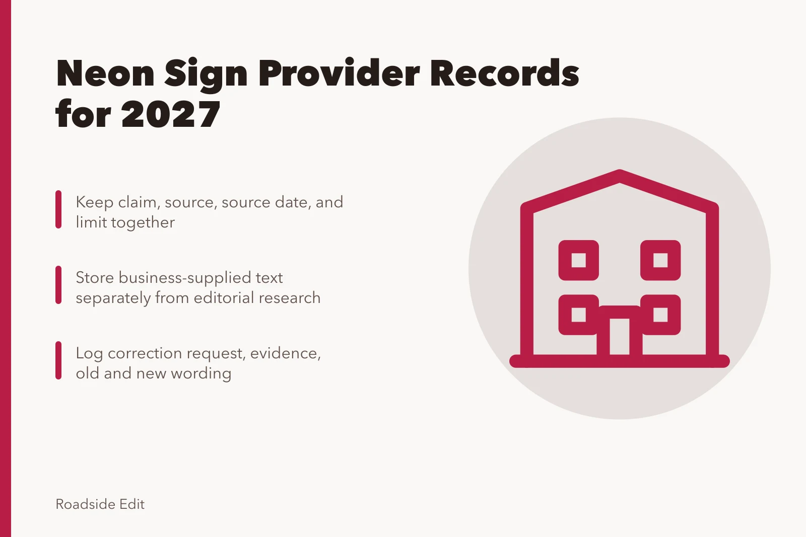 Card listing neon sign provider record-keeping steps for 2027. How owners can build neon sign restoration provider records for 2027