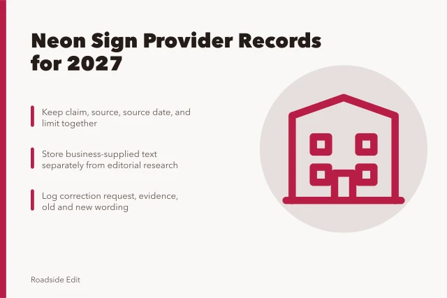 Card listing neon sign provider record-keeping steps for 2027. How owners can build neon sign restoration provider records for 2027