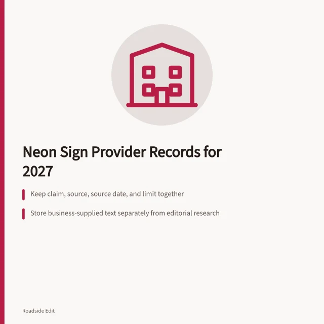 Card listing neon sign provider record-keeping steps for 2027. How owners can build neon sign restoration provider records for 2027