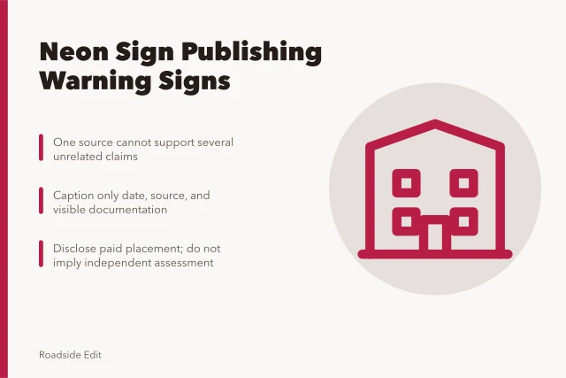 Card listing neon sign publishing warning signs for publishers before 2027. Neon sign restoration: 7 warning signs publishers must catch before 2027
