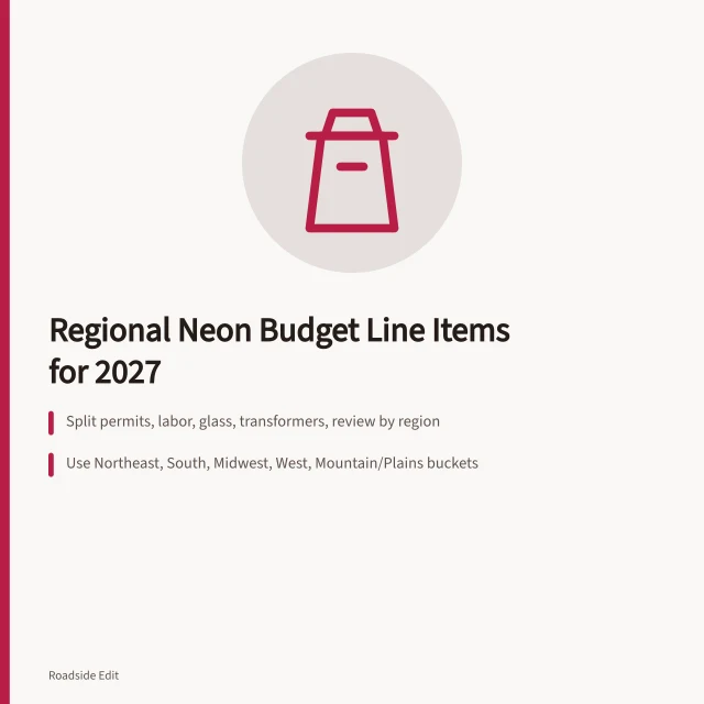 Card listing regional neon sign budget categories and cost separation steps. Neon sign restoration budget notes: how to separate regional costs in 2027