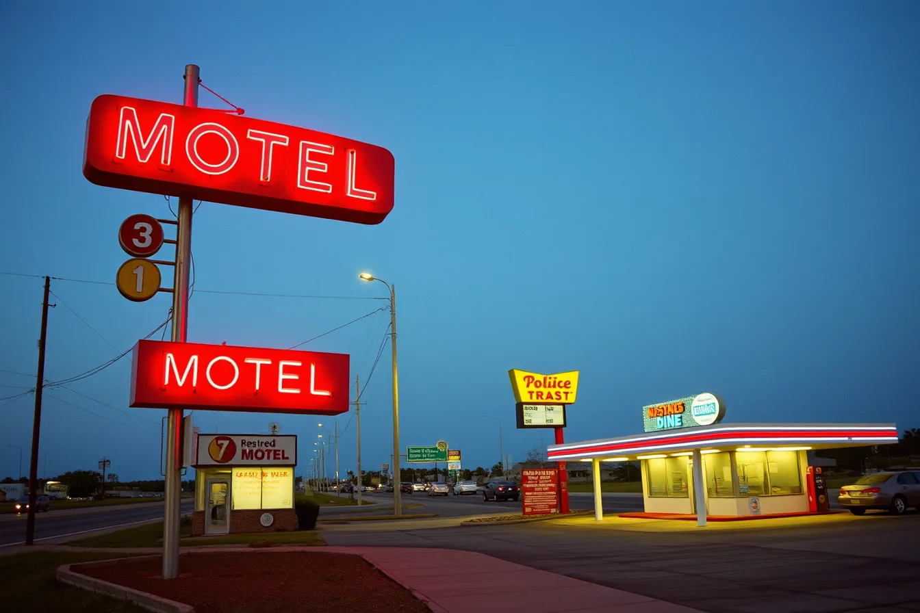 Restored neon motel sign glowing at dusk beside roadside diner and gas station. Neon sign restoration: regional comparison questions to ask before 2027