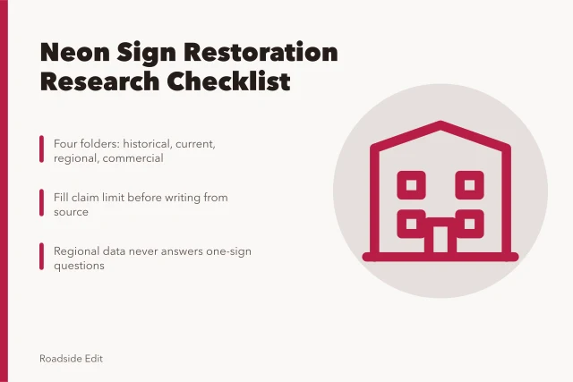 Checklist card for sorting neon sign restoration research sources. How to build a 2027 neon sign restoration regional research checklist
