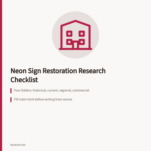 Checklist card for sorting neon sign restoration research sources. How to build a 2027 neon sign restoration regional research checklist