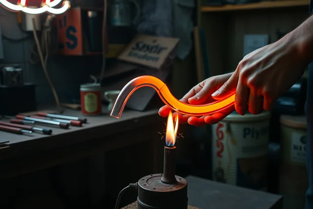 Hands bending a glowing neon tube over a burner in a sign shop. How to write budget notes for neon sign restoration in 2027