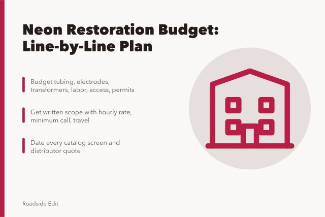 Neon restoration budget lines with dated vendor quotes and permits. Neon sign restoration maintenance plan: budget notes before you commit to 2027