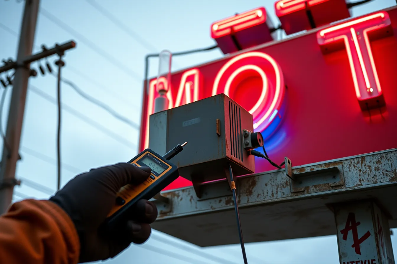 Technician testing wiring on a weathered motel neon sign at dusk. Neon sign restoration maintenance plan: 2027 checklist for owners