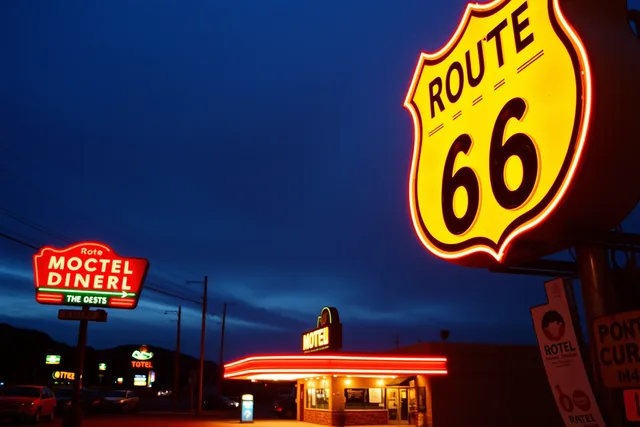 Kingman Route 66 neon sign glowing at dusk near a motel and gas station. Neon sign restoration: 6 maintenance plan comparison questions for 2027