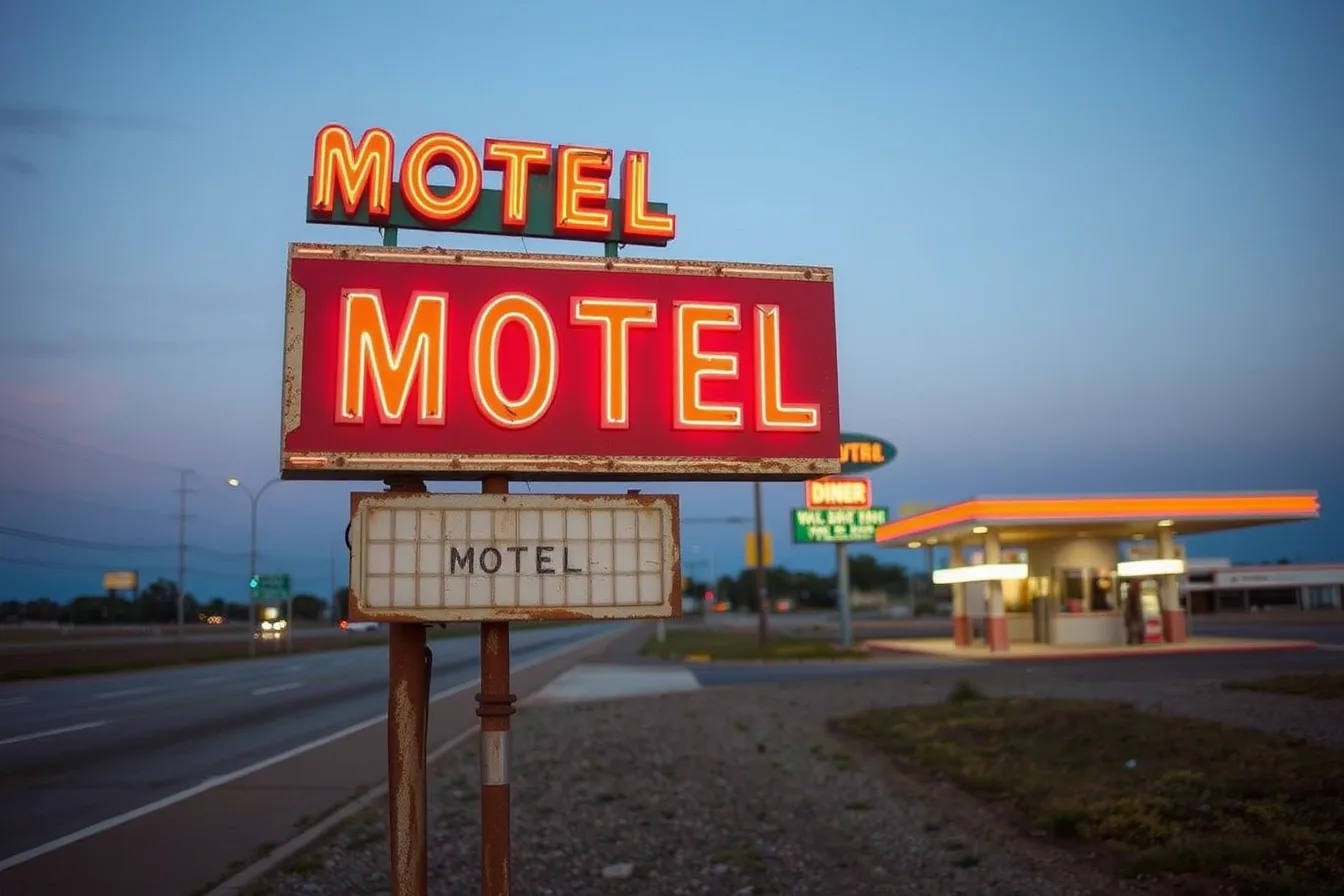 Vintage neon motel sign at dusk with one unlit letter beside a highway. Neon sign restoration care: 7 warning signs owners should catch before 2027