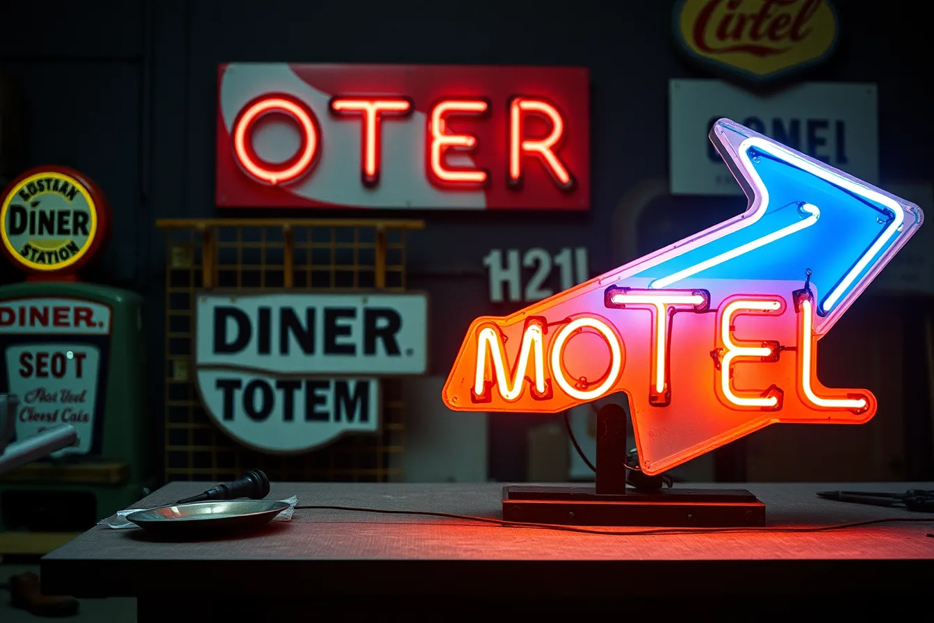 Restored motel neon sign glowing on a workshop bench. How to build a neon sign restoration case study: a 2027 method guide