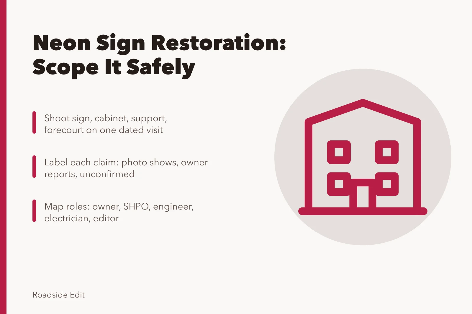 Checklist card for scoping a neon sign restoration project safely. Neon sign restoration checklist: how to scope a 2027 project safely