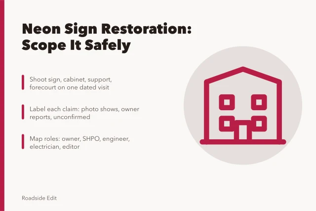 Checklist card for scoping a neon sign restoration project safely. Neon sign restoration checklist: how to scope a 2027 project safely