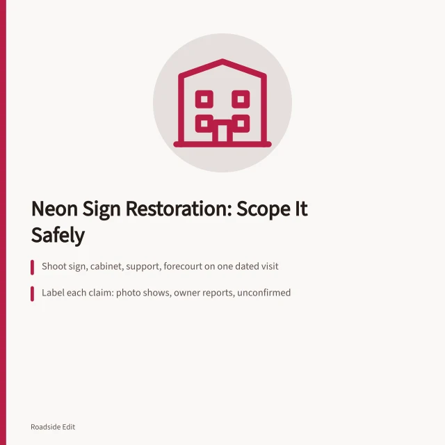 Checklist card for scoping a neon sign restoration project safely. Neon sign restoration checklist: how to scope a 2027 project safely