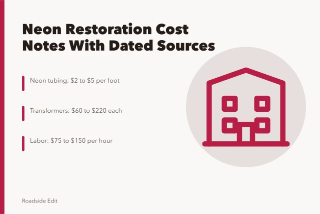 Neon restoration budget card listing tubing, transformer, and labor price ranges. Neon sign restoration cost planning: budget notes that explain each number