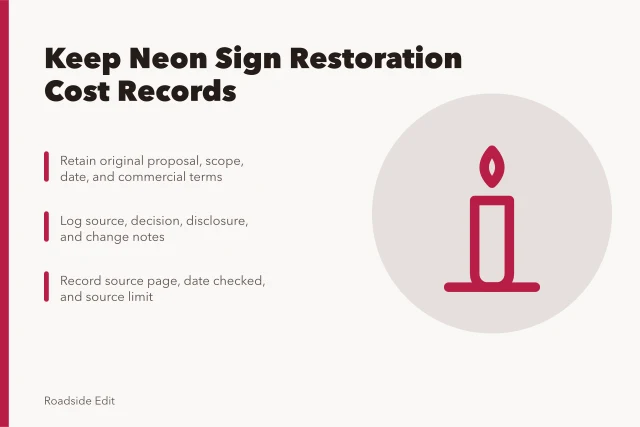 Recordkeeping card for neon sign restoration cost documentation. How owners should keep neon sign restoration cost records