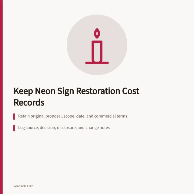 Recordkeeping card for neon sign restoration cost documentation. How owners should keep neon sign restoration cost records