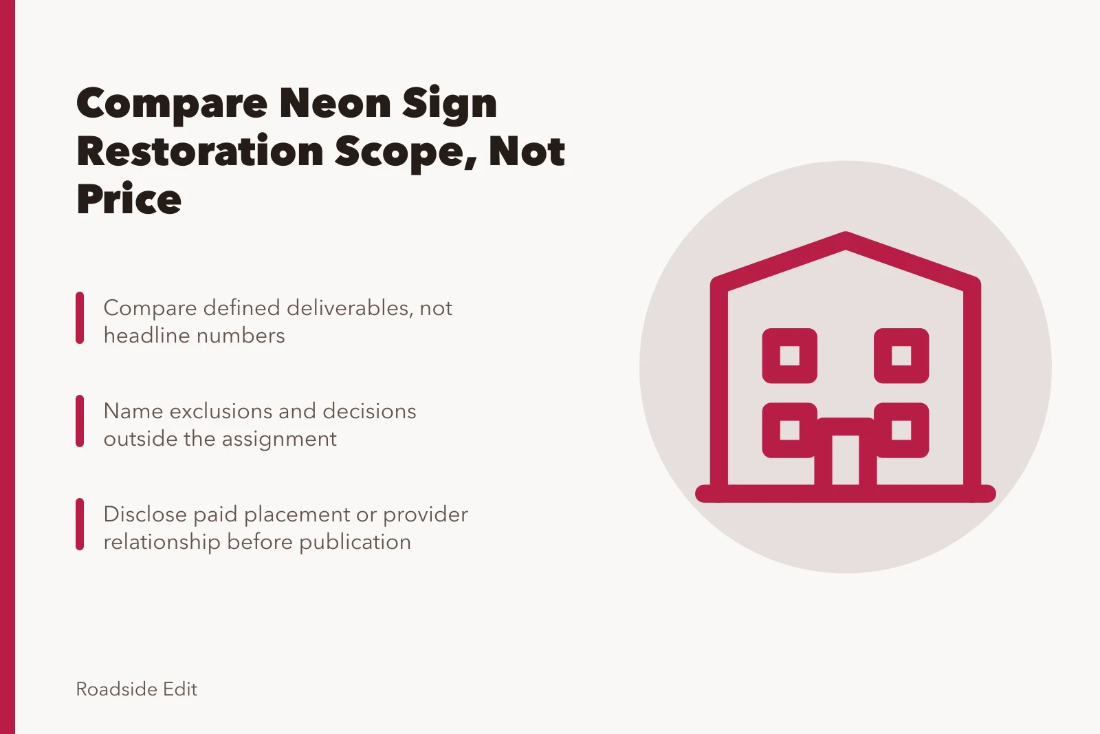 Checklist card comparing neon sign restoration cost scope and deliverables. How to compare neon sign restoration cost scope before you commit
