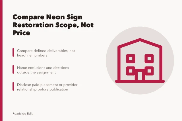Checklist card comparing neon sign restoration cost scope and deliverables. How to compare neon sign restoration cost scope before you commit