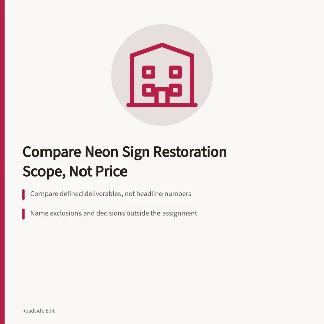 Checklist card comparing neon sign restoration cost scope and deliverables. How to compare neon sign restoration cost scope before you commit