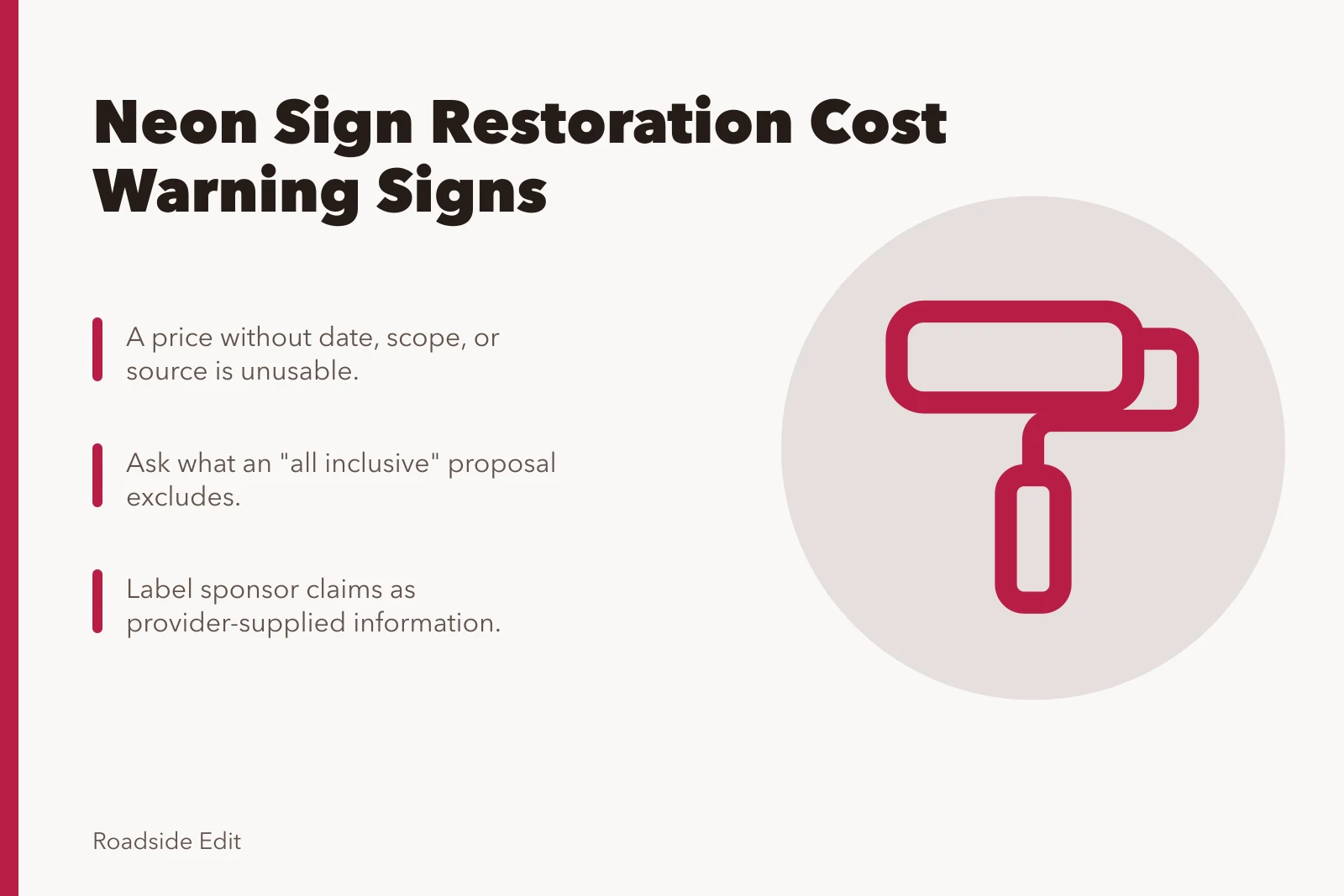 Card listing neon sign restoration cost warning signs for owners. Neon sign restoration cost planning: warning signs owners should not ignore