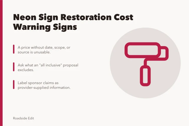 Card listing neon sign restoration cost warning signs for owners. Neon sign restoration cost planning: warning signs owners should not ignore