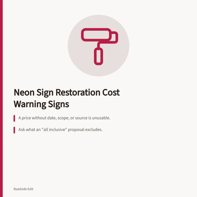 Card listing neon sign restoration cost warning signs for owners. Neon sign restoration cost planning: warning signs owners should not ignore