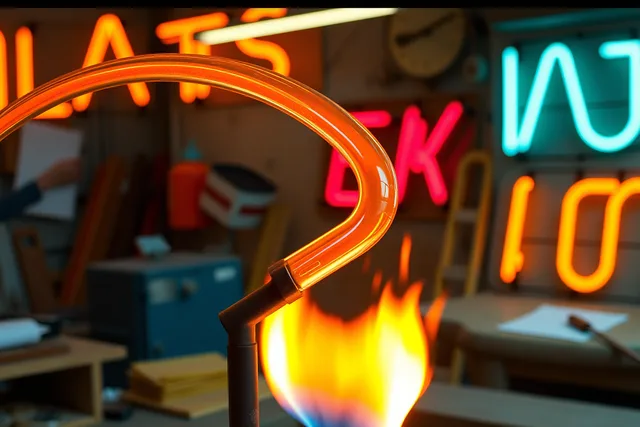 Glassblower bending a glowing neon tube over a ribbon burner in a sign shop. Neon sign restoration costs in the US: glass, gas, transformers and labor