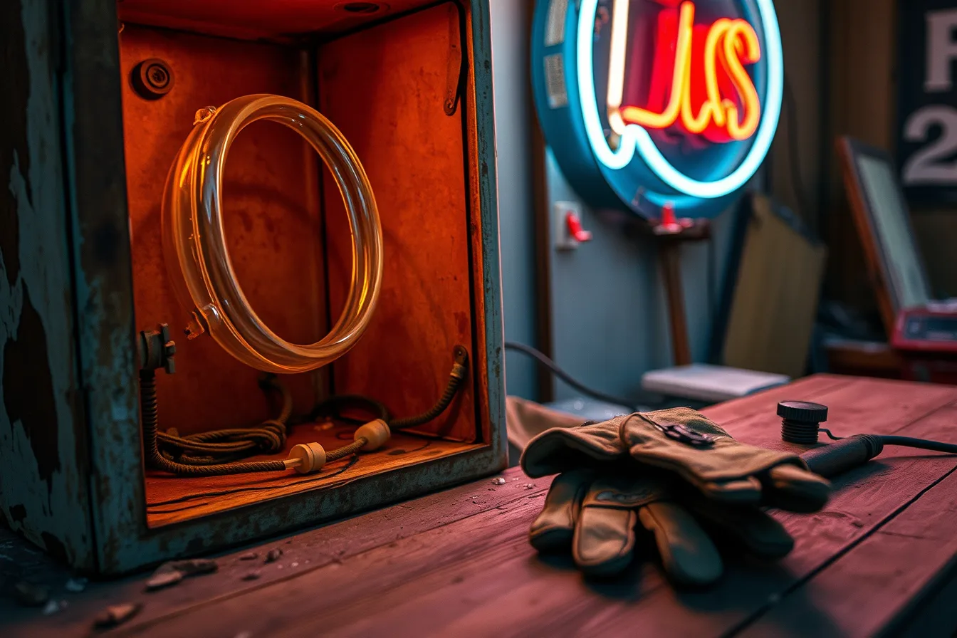Weathered neon motel sign with inspection tag and condition notes at dusk. Neon sign restoration maintenance plan: how owners keep records that hold up