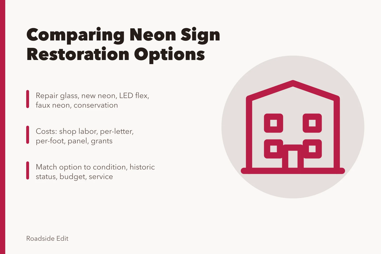 Neon sign restoration options comparison card with five methods and cost models. How to compare neon sign restoration options before you commit